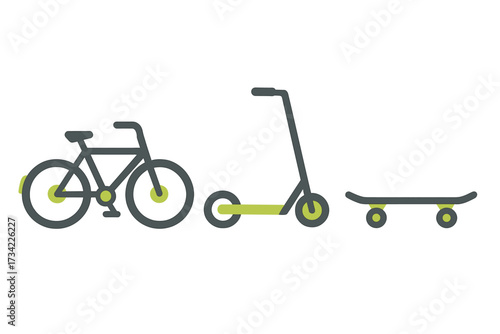 Modern personal mobility devices featuring a bicycle, kick scooter, and skateboard for urban and leisure activities