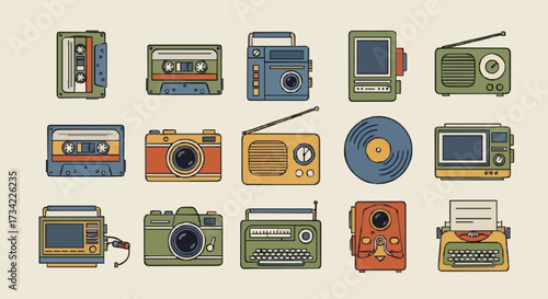 Retro Camera and Music Device Set Vector