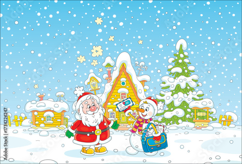 Funny toy snowman postman with letters from little children to Santa Claus on a snowy winter day, vector cartoon illustration