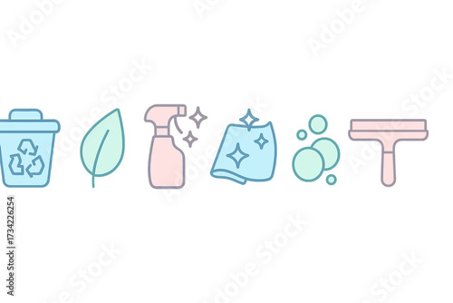 Pastel colored eco-friendly cleaning and recycling symbols representing hygiene and environmental care