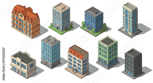 Isometric city buildings collection diverse urban design elements