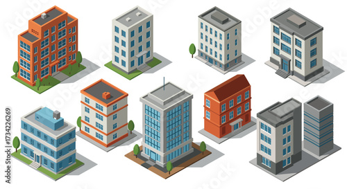 Isometric urban building set featuring diverse architectural styles for design projects