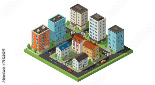 Isometric urban neighborhood with residential buildings and streets