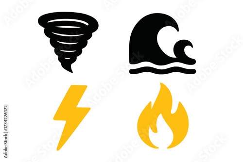 Natural disaster and extreme weather events including tornado, ocean wave, lightning bolt, and fire flame