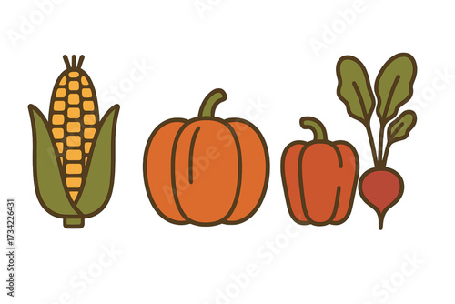 Vibrant autumn harvest vegetables collection with fresh corn, two orange pumpkins, and a red beet on white background