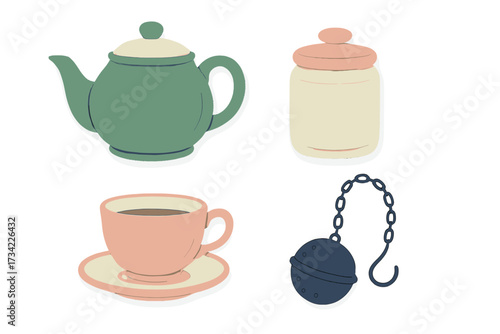 Elegant tea time essentials with teapot, teacup, sugar jar, and infuser in a charming pastel palette