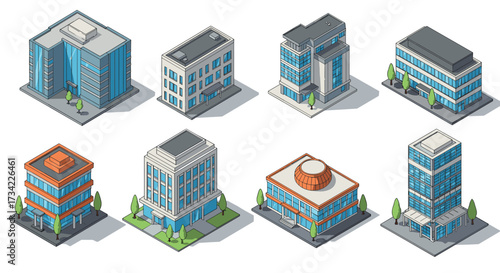 Isometric urban buildings collection with trees and modern architecture elements
