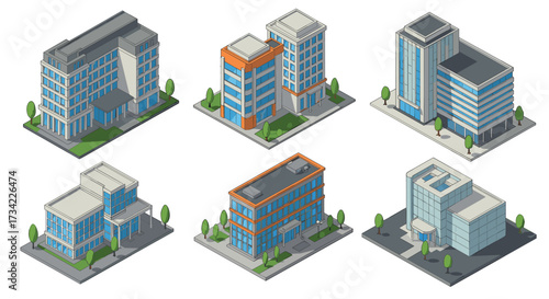 Isometric urban office buildings set with modern architectural designs