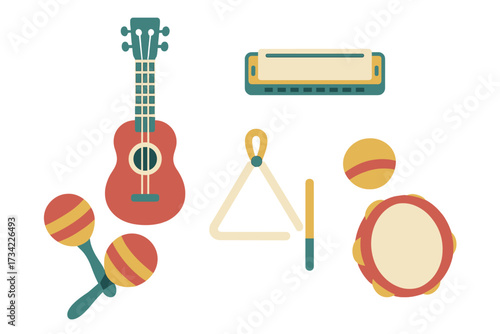 Colorful collection of various musical instruments including ukulele, harmonica, maracas, triangle, and tambourine for music education and creative play