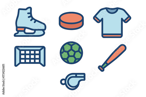 Set of colorful sports equipment icons including ice skate, hockey puck, soccer ball, baseball bat, goal, and whistle