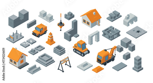 Isometric construction icons set featuring vehicles, buildings, and materials