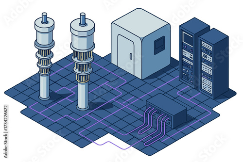 Isometric data center infrastructure with server racks, processing units, and interconnected network lines