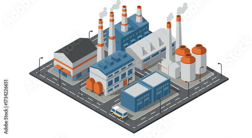 Isometric industrial complex with factories and chimneys on road intersection