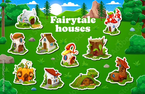 Cartoon fairytale houses and dwellings stickers. Vector patches set of whimsical cottages in a vibrant forest meadow. Mushroom, pumpkin, tree stump, shoe and teapot fantasy homes for game or storybook