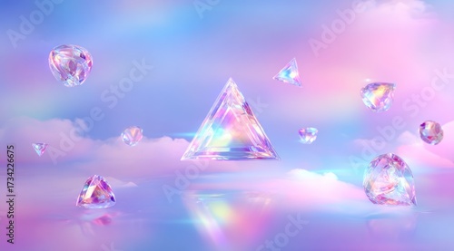 A dreamy, ethereal scene showcases various iridescent crystals, suspended in a soft pastel sky, reflecting light in a captivating display.