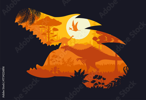 Dinosaur head silhouette with prehistoric era forest landscape. Vector sunset scene with ancient reptile shadows at ancient, Jurassic time inside of roaring dino head frame. Majestic jungle rainforest