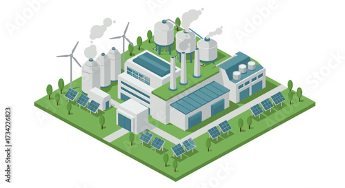Sustainable energy plant with wind turbines and solar panels in isometric design