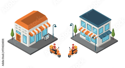 Isometric cityscape with delivery scooters and shops