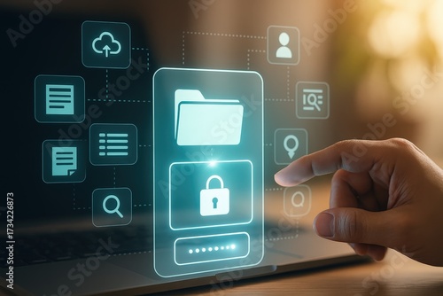 Wallpaper Mural A person's finger interacts with a glowing, digital interface on a laptop screen, highlighting data security concepts such as data encryption, cloud storage, and document management in a modern,... Torontodigital.ca