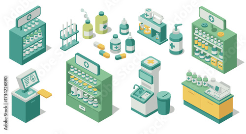 Isometric pharmacy and medical supplies set with shelves, bottles, and digital kiosk