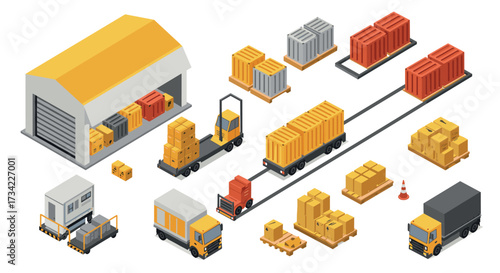 Isometric warehouse and logistics icons featuring trucks and container storage