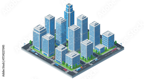 Modern urban cityscape with highrise buildings in isometric perspective