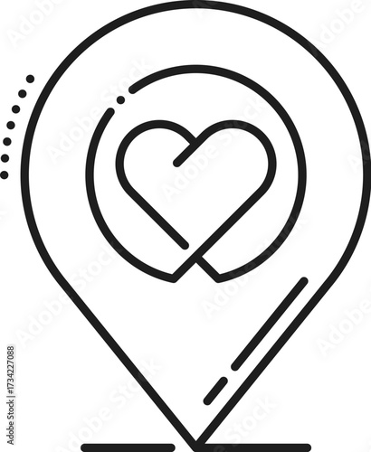 Travel route location point line icon or sign. Navigation outline vector pictogram, location marker thin line sign. Direction pin or point linear icon or symbol with favorite place heart mark