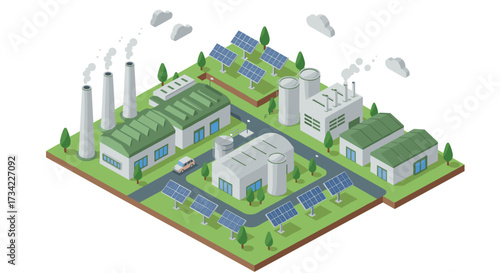 Eco-friendly industrial complex with solar panels in isometric design