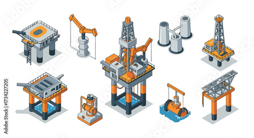 Isometric offshore oil rigs and industrial equipment set