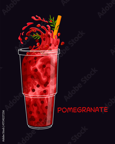 Cartoon pomegranate milk bubble tea glass with bright splashes and fruit. Red drink in transparent plastic cup with splashing wave and juicy seeds. Bright vector refreshing beverage with a straw