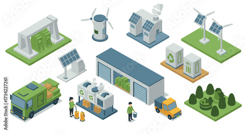 Sustainable energy isometric design with solar panels, wind turbines, and eco-friendly transportation