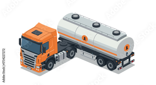 Isometric tanker truck in orange and white for transportation design