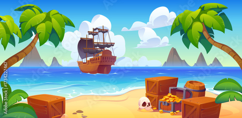 Wooden pirate sail ship in the tropical sea near the treasure island. Cartoon vector adventure game landscape with palm trees, chest full of gold coins, skull, wooden barrels and crates on sandy beach