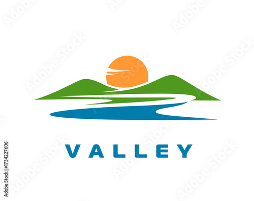 Mountain river valley icon featuring green hills, a flowing blue river, and a rising yellow sun. Vector badge or emblem with natural alpine landscape, symbolizing nature, tranquility, and eco tourism