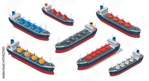 Isometric cargo ships set with containers and tanks on white background