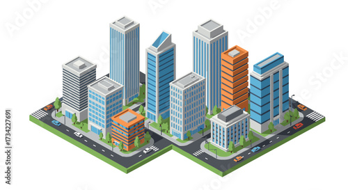 Modern urban isometric cityscape with skyscrapers and streets