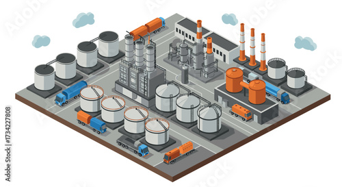 Isometric industrial oil refinery with storage tanks and trucks