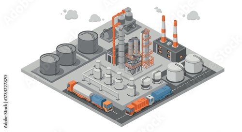 Isometric industrial landscape with factories, storage tanks, and transport trucks