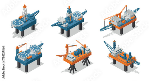 Isometric offshore platforms set diverse oil and gas rig designs in modern industry illustration