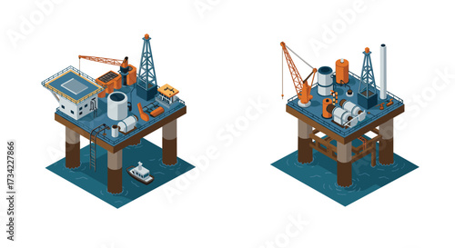 Isometric offshore oil rig platforms with equipment and machinery