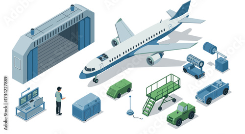 Isometric airplane maintenance scene with hangar and equipment detailing