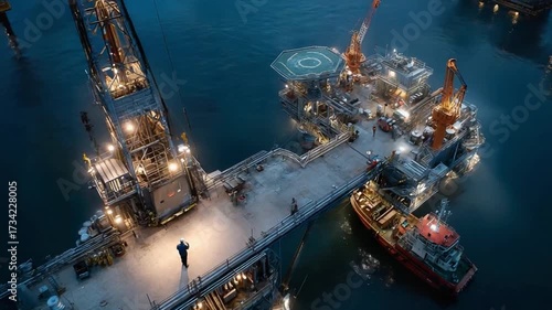 Oil Rig at Dusk: An offshore oil rig stands illuminated against the dusky sky, showcasing its intricate infrastructure. The scene hints at an industrial environment and maritime activities.