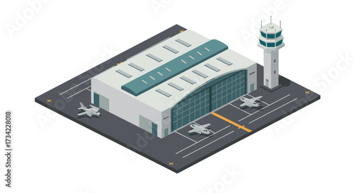 Modern isometric airport hangar with aircraft and control tower