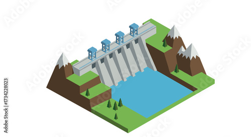 Isometric hydroelectric dam with reservoir in mountainous terrain