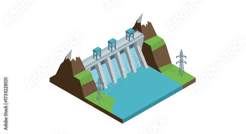 Isometric hydroelectric dam structure with mountains and transmission towers
