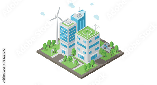 Sustainable urban cityscape with green energy and ecofriendly architecture in isometric design