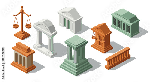 Isometric justice and architecture symbols in classic style