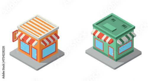 Isometric small shops with striped awnings and flat roofs