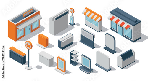 Isometric shopping elements with storefronts and advertising displays in modern design