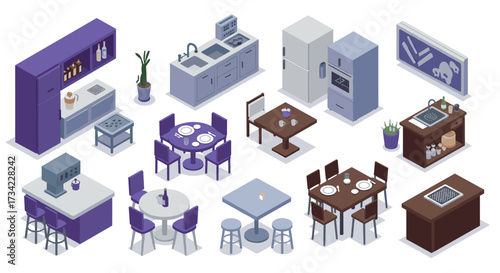Modern isometric kitchen sets with furniture and appliances in stylish purple and gray